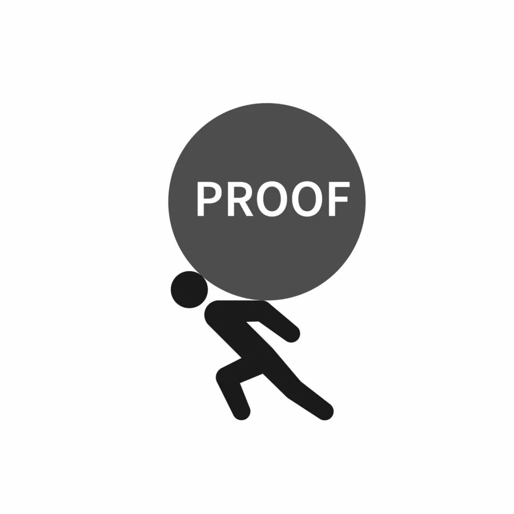Stick figure straining to push a large gray sphere labeled PROOF