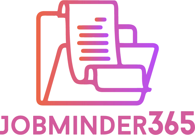 Stylized graphic of stacked documents or pages with gradient pink and purple outlines, above text reading JOBMINDER365