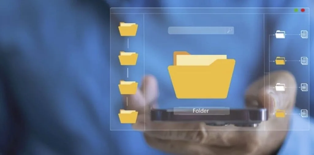 Digital file management interface showing yellow folder icons on a blue background with a hand holding a smartphone