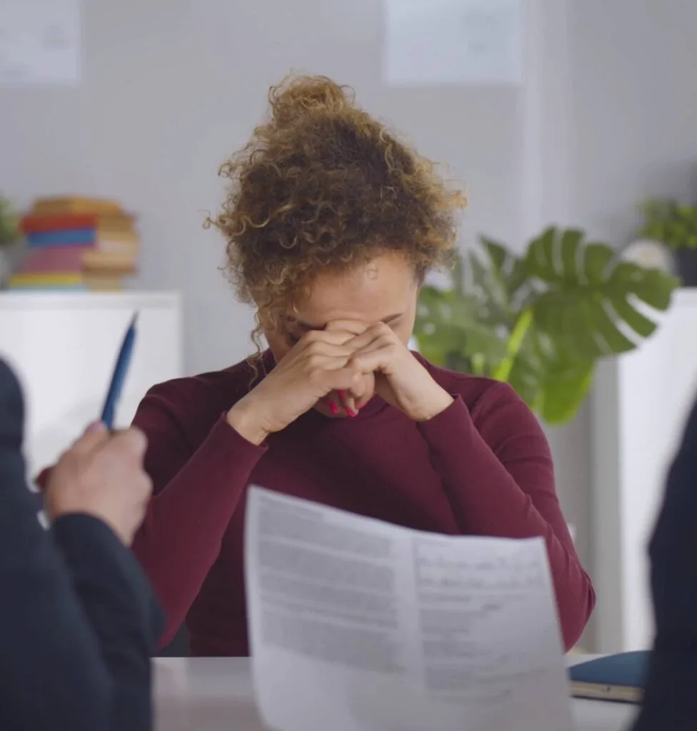 Woman in burgundy top with curly hair covering face with hands while holding document at office desk