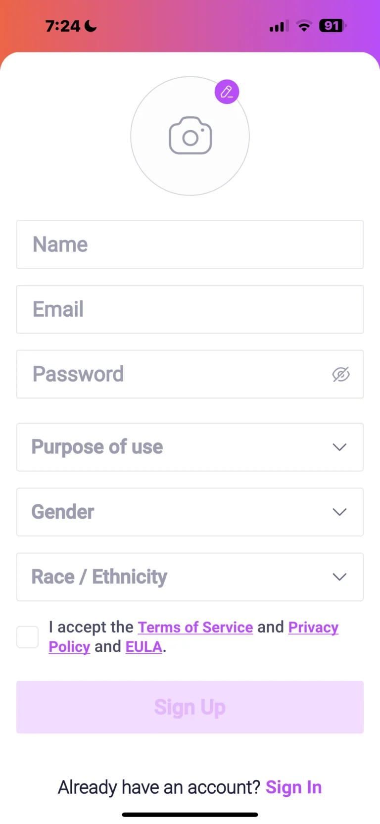 Mobile app registration form with profile photo placeholder, input fields for name, email, password, and dropdown menus for purpose of use, gender, and race/ethnicity, plus terms acceptance and sign up button.