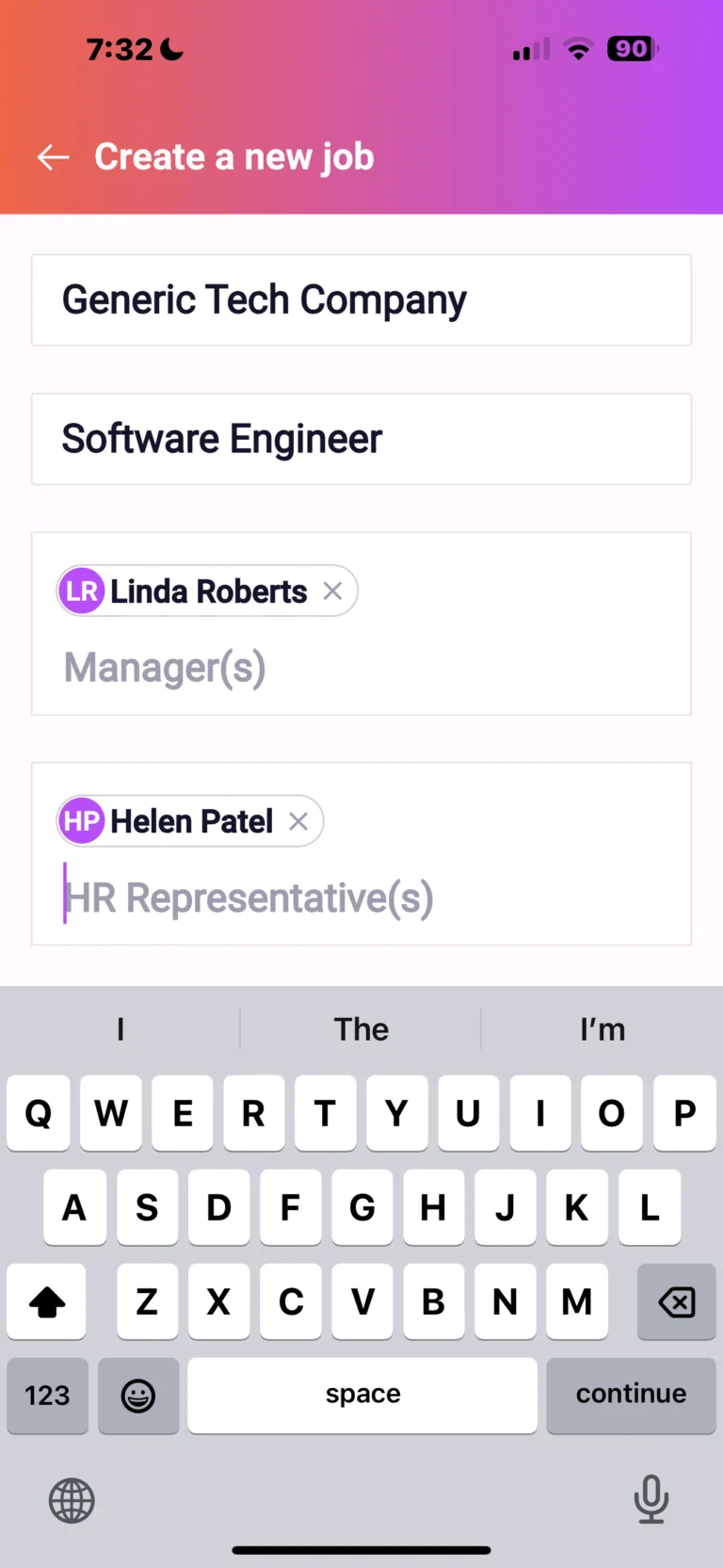 Mobile app screen for creating a new job at Generic Tech Company with Software Engineer position, showing Manager Linda Roberts and HR Representative Helen Patel assigned, with on-screen keyboard visible.