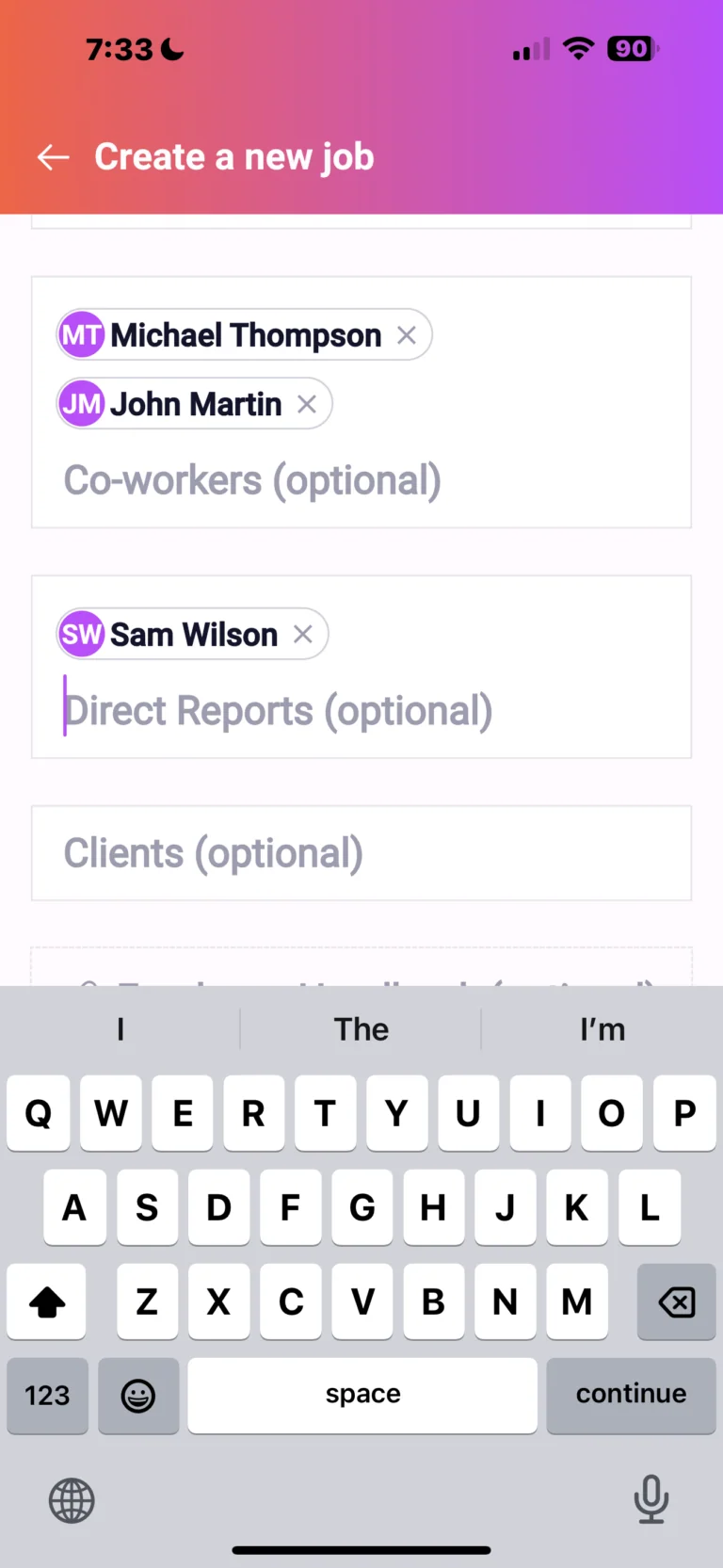 Mobile app screen for creating a new job with fields for co-workers, direct reports, and clients, showing selected names Michael Thompson, John Martin, and Sam Wilson