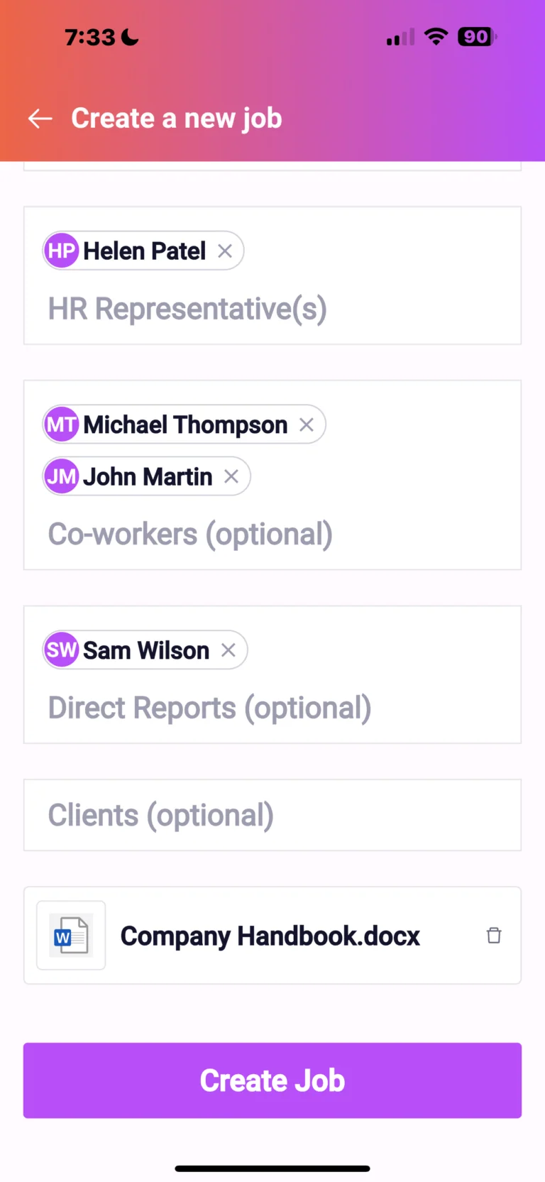 Mobile app screen showing job creation form with assigned HR representative, co-workers, and direct reports fields