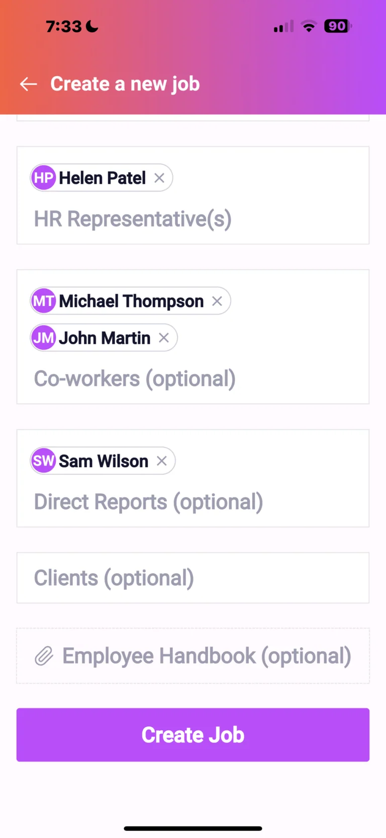 Mobile app screen for creating a new job with fields for HR Representative, co-workers, direct reports, and clients.