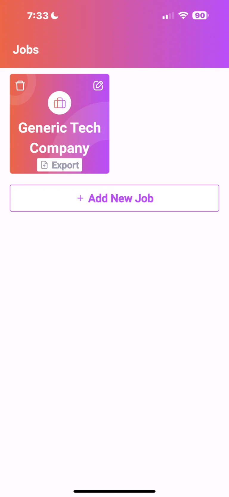Mobile app screen showing Jobs section with Generic Tech Company job listing and Add New Job button