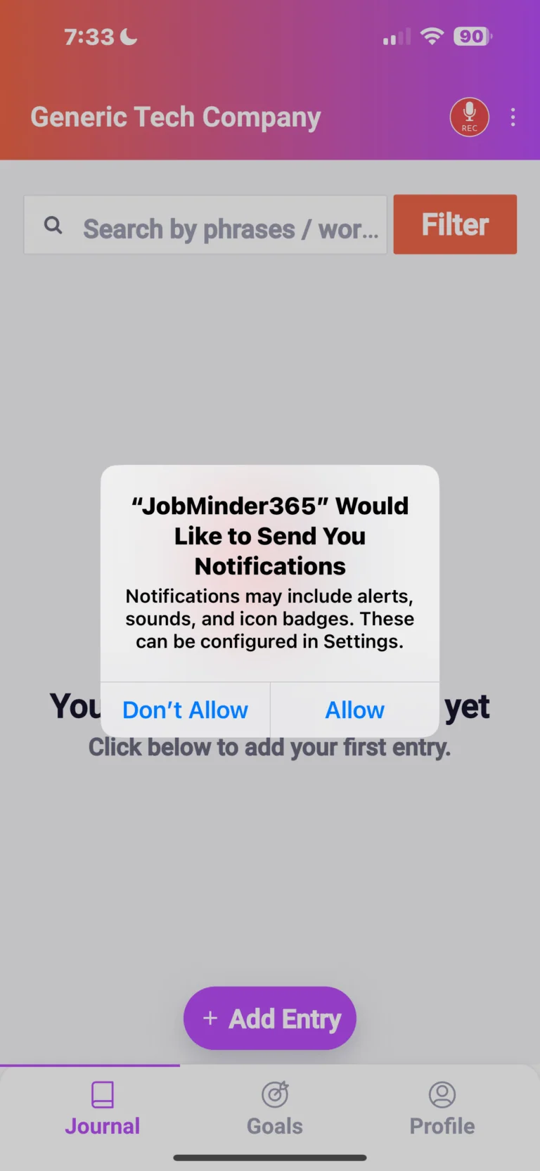 Mobile app notification permission dialog for JobMinder365 with Don't Allow and Allow buttons