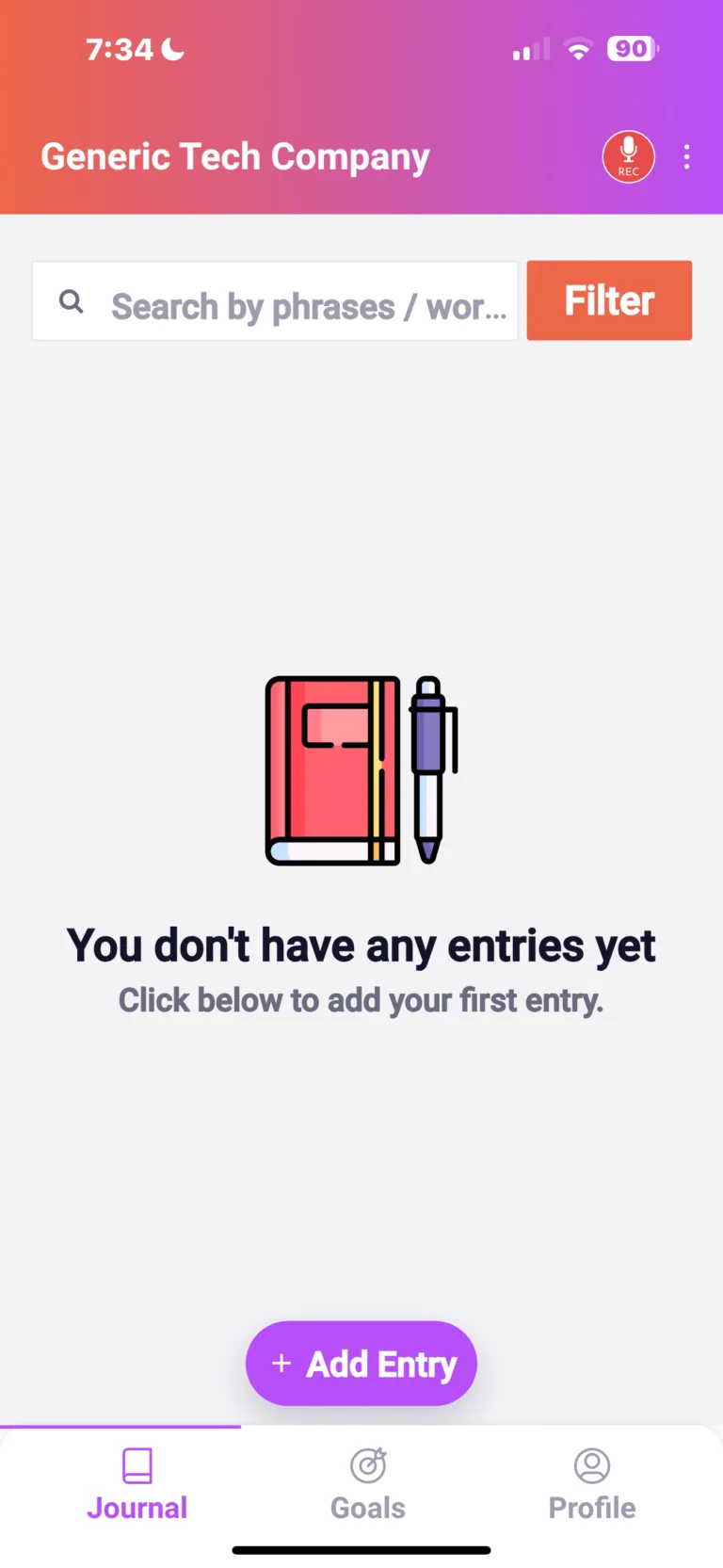 Mobile app screen showing empty journal entry list with notebook and pen icon, search bar, and add entry button