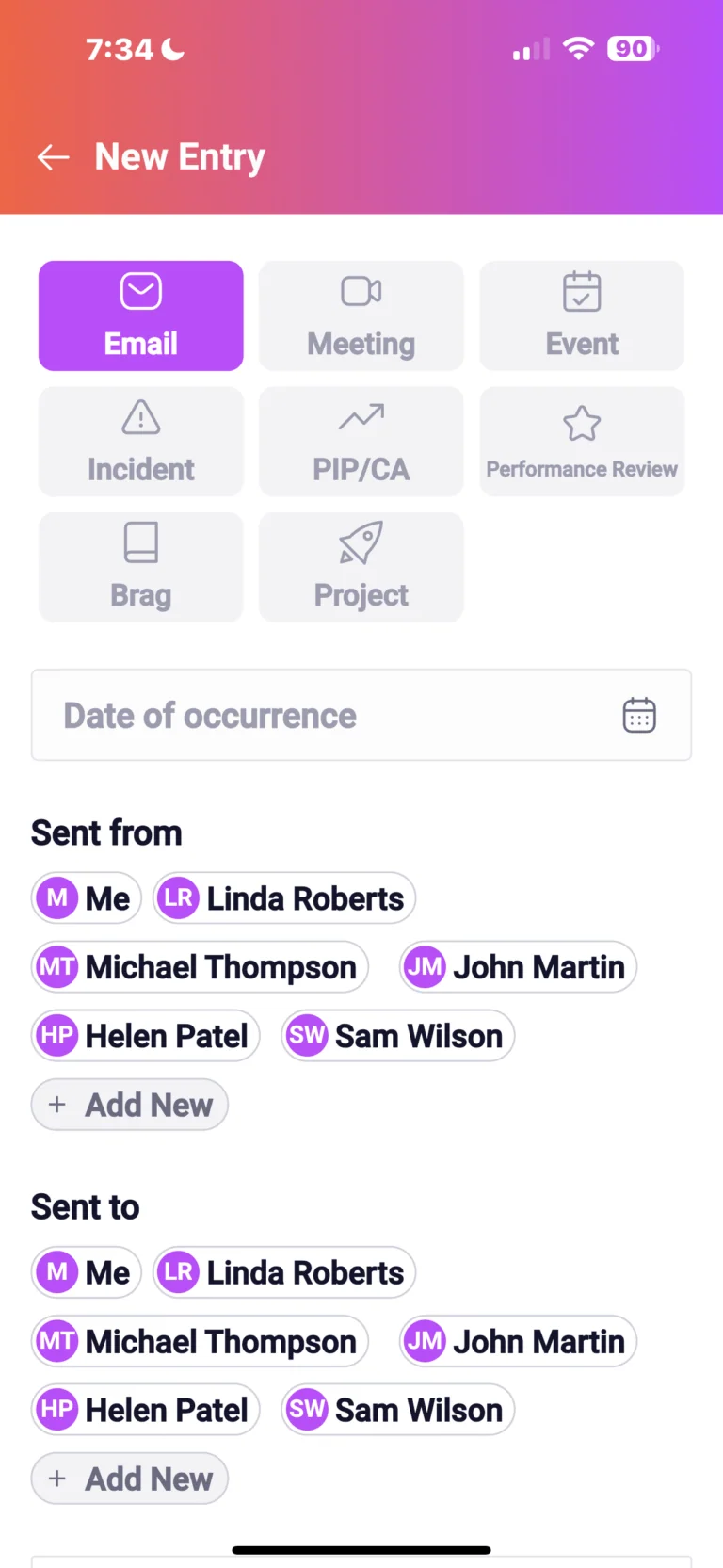 Mobile app entry form showing Email category selected with options for Meeting, Event, Incident, PIP/CA, Performance Review, Brag, and Project. Date of occurrence field visible with sender and recipient lists including Linda Roberts, Michael Thompson, John Martin, Helen Patel, and Sam Wilson.