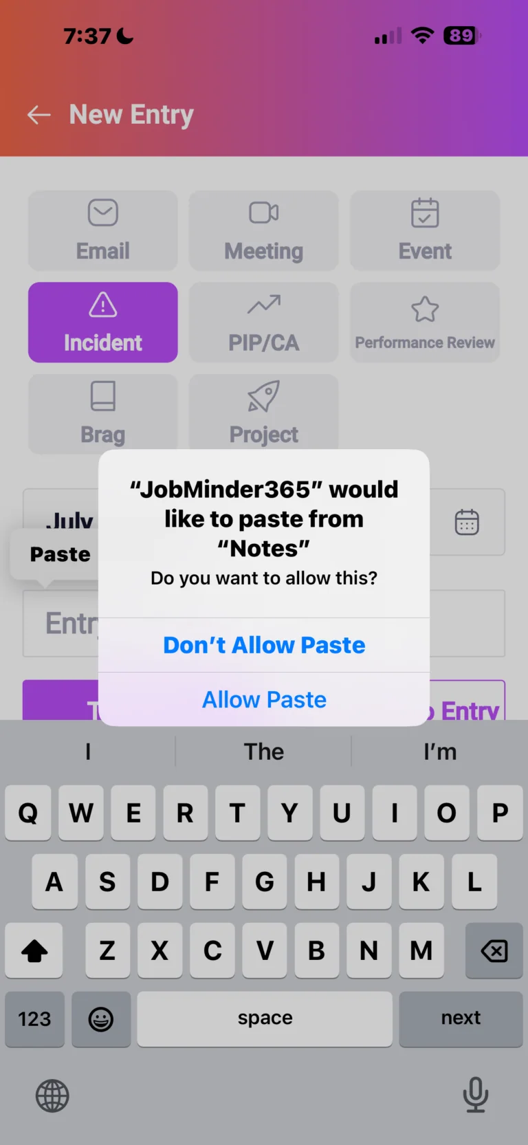 Mobile app dialog asking permission for JobMinder365 to paste from Notes, with options to allow or deny