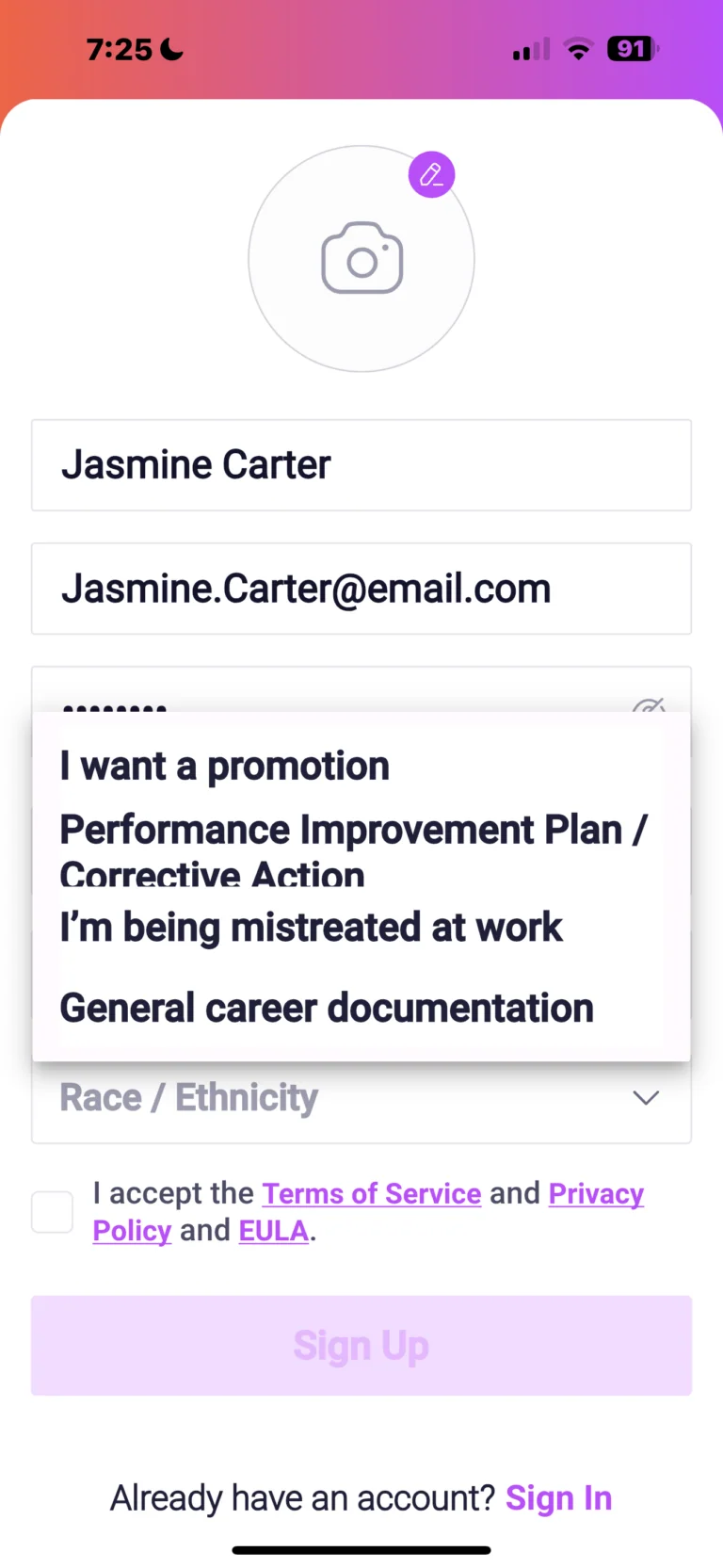 Mobile app signup form with profile name Jasmine Carter, email field, dropdown menu showing workplace concerns including promotion requests and mistreatment issues, and sign up button