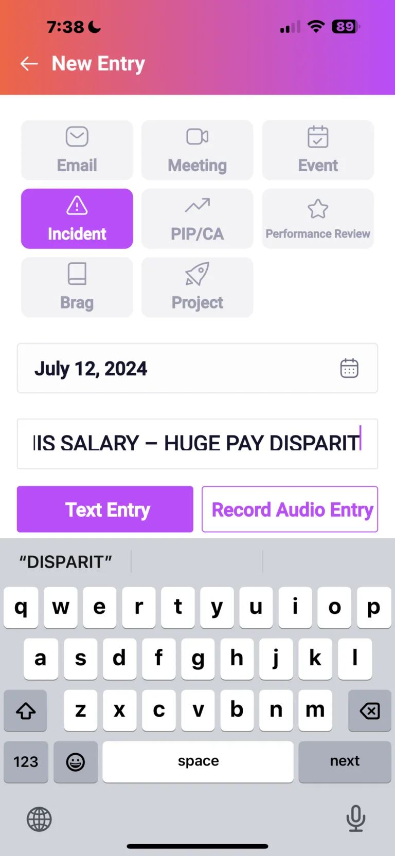 Mobile app interface for new entry creation showing various entry type options including Email, Meeting, Event, Incident, and Project, with a date field showing July 12, 2024 and a text input area with keyboard visible