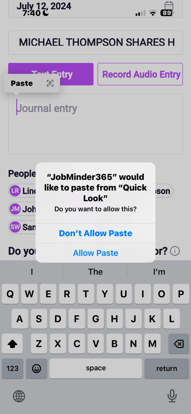 Mobile app screenshot showing paste permission dialog for JobMinder365 with journal entry form and keyboard