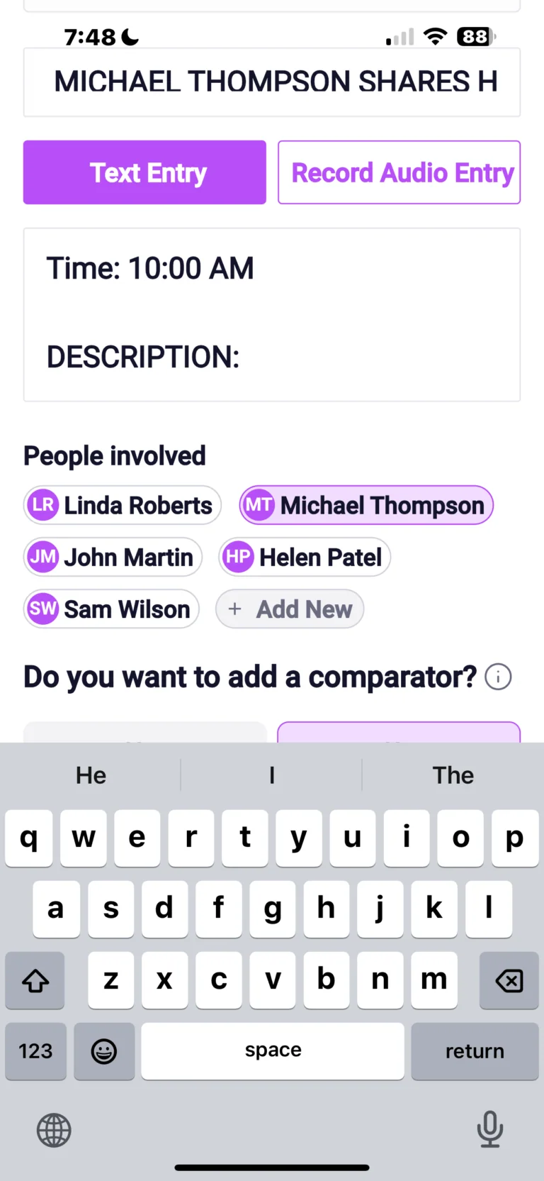 Mobile app interface showing event details for Michael Thompson with text and audio entry options, time 10:00 AM, and a list of people involved including Linda Roberts, Michael Thompson, John Martin, Helen Patel, and Sam Wilson.