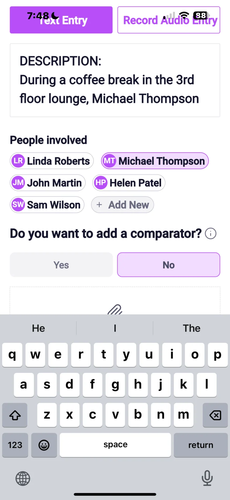 App interface showing event entry form with coffee break description, participant list, and on-screen keyboard