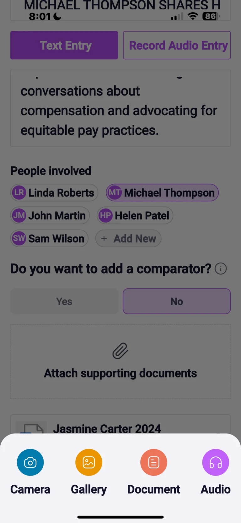 Mobile app screen showing conversation entry form with text and audio options, participant list including Linda Roberts and Michael Thompson, and document attachment interface.