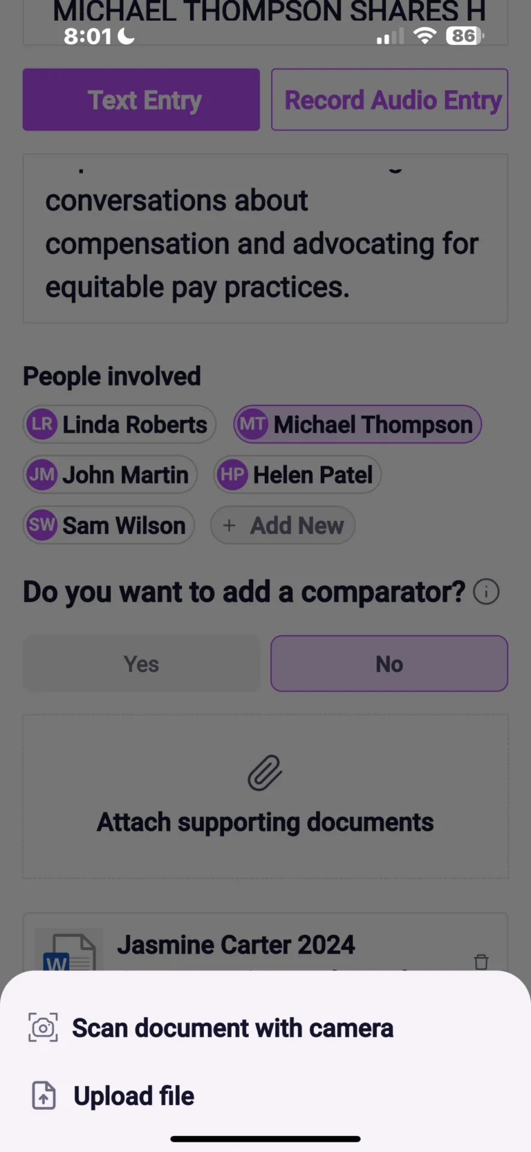 App interface showing text and audio entry options for conversations about compensation and equitable pay, with list of people involved and document attachment features.