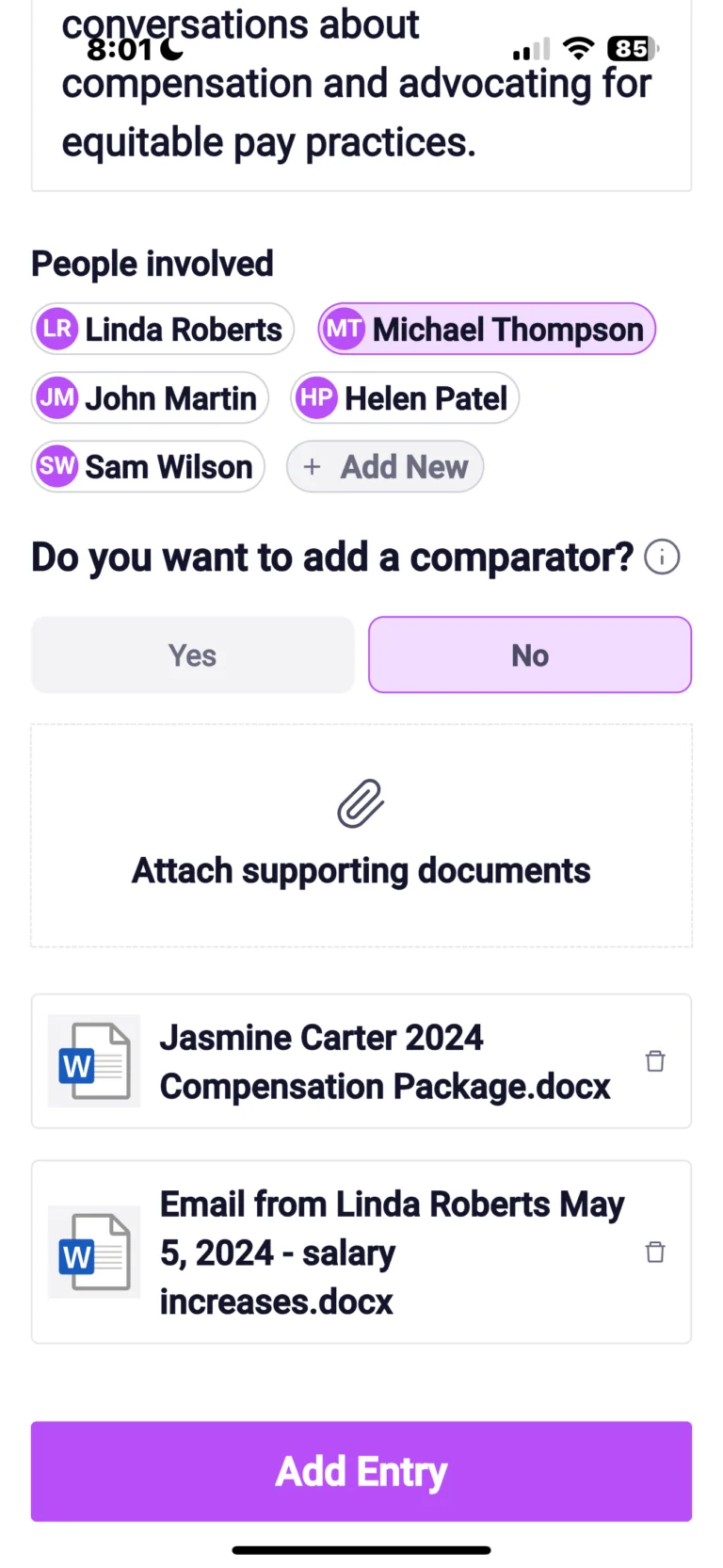 App interface showing compensation discussion entry form with participants Linda Roberts, Michael Thompson, John Martin, Helen Patel, and Sam Wilson, with attached documents and Add Entry button.