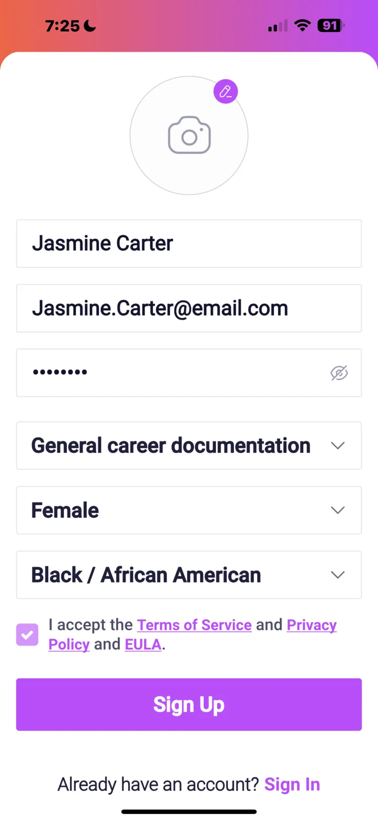 Mobile app sign-up form with fields for name, email, password, career documentation, gender, and ethnicity, with a purple Sign Up button.