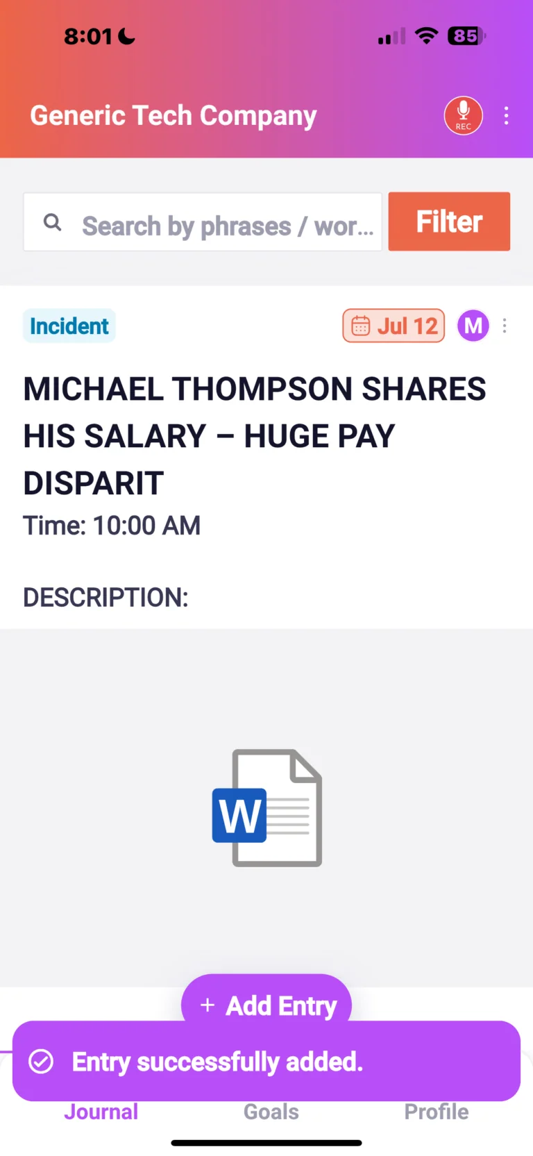 Mobile app screenshot showing incident report about salary disparity with document icon and success confirmation message
