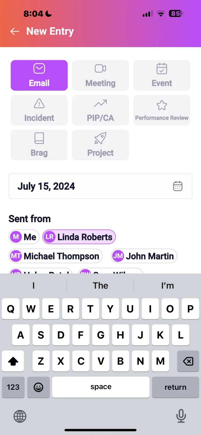 Mobile app interface showing new entry creation with category options like Email, Meeting, Event, Incident, PIP/CA, Performance Review, Brag, and Project, with date July 15, 2024 and participant selection including Me, Linda Roberts, Michael Thompson, and John Martin.