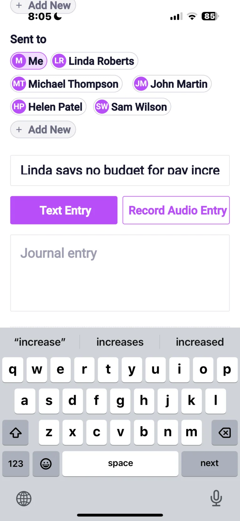Mobile app interface showing message recipients and text entry screen with keyboard