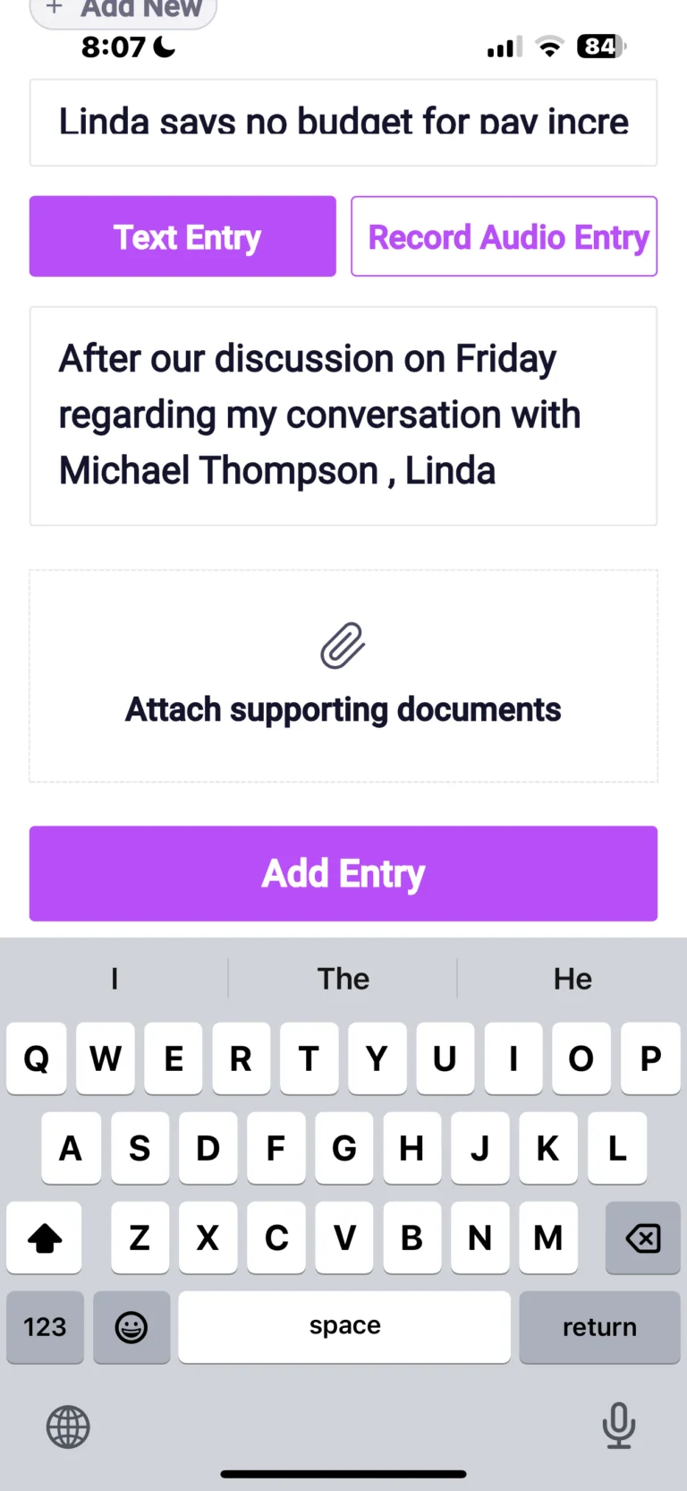Mobile app interface for recording a budget entry about a discussion with Linda regarding Michael Thompson conversation