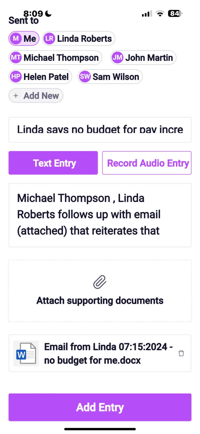 Mobile app screen showing task entry with recipients, text/audio input options, and attached email document