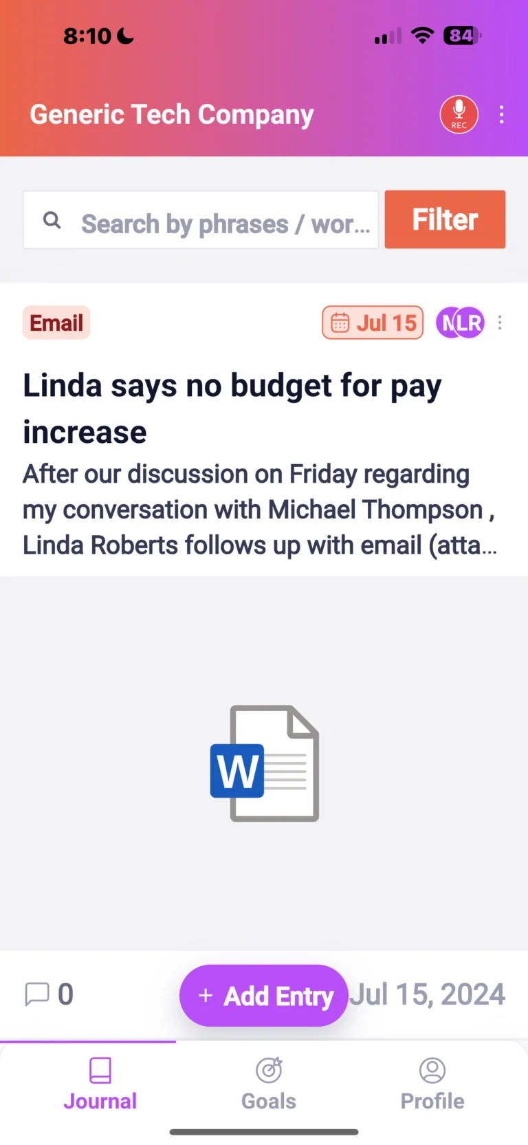 Mobile app interface showing email entry about budget discussion with Microsoft Word document attachment