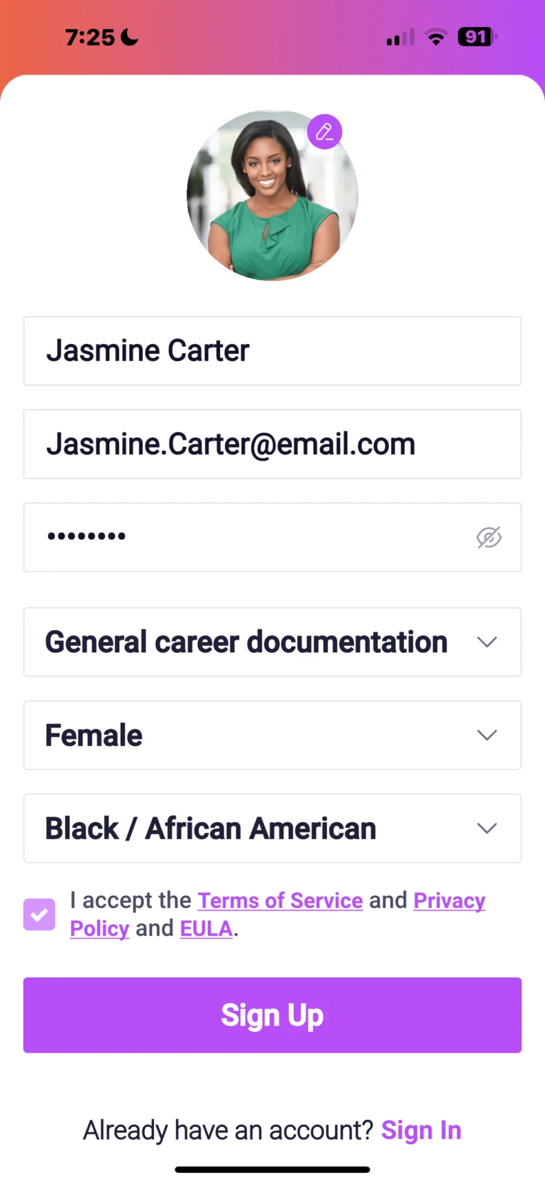 Mobile app sign up screen with profile photo, name Jasmine Carter, email field, password field, career documentation dropdown, gender selection, ethnicity selection, and terms acceptance checkbox