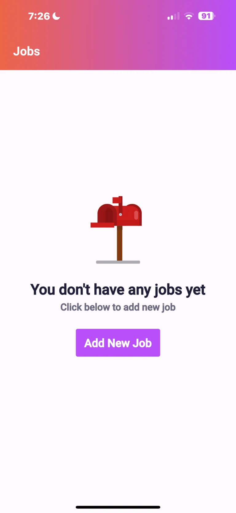 Empty jobs screen with mailbox icon and prompt to add new job