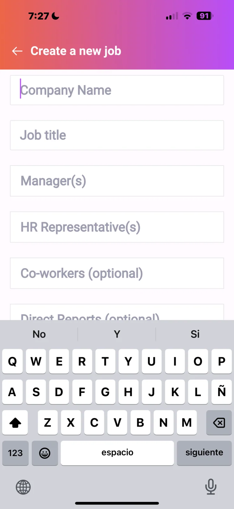 Mobile app screen for creating a new job with form fields for company name, job title, manager(s), HR representative(s), co-workers, and direct reports