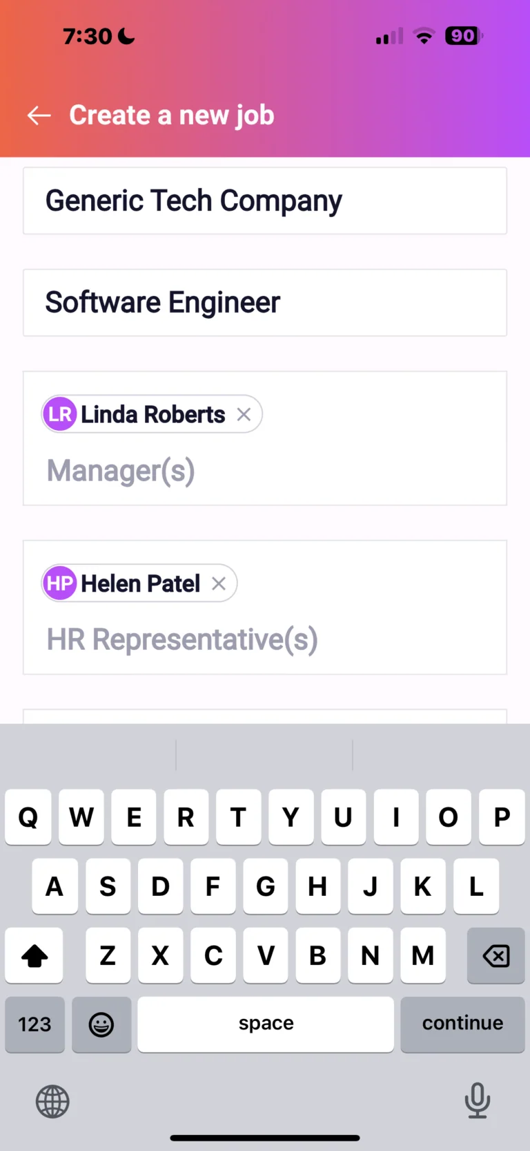 Mobile app screen showing job creation form for Software Engineer position at Generic Tech Company with assigned manager and HR representative