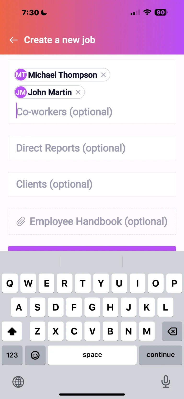 Mobile app screen for creating a new job showing co-workers Michael Thompson and John Martin selected, with optional fields for direct reports, clients, and employee handbook
