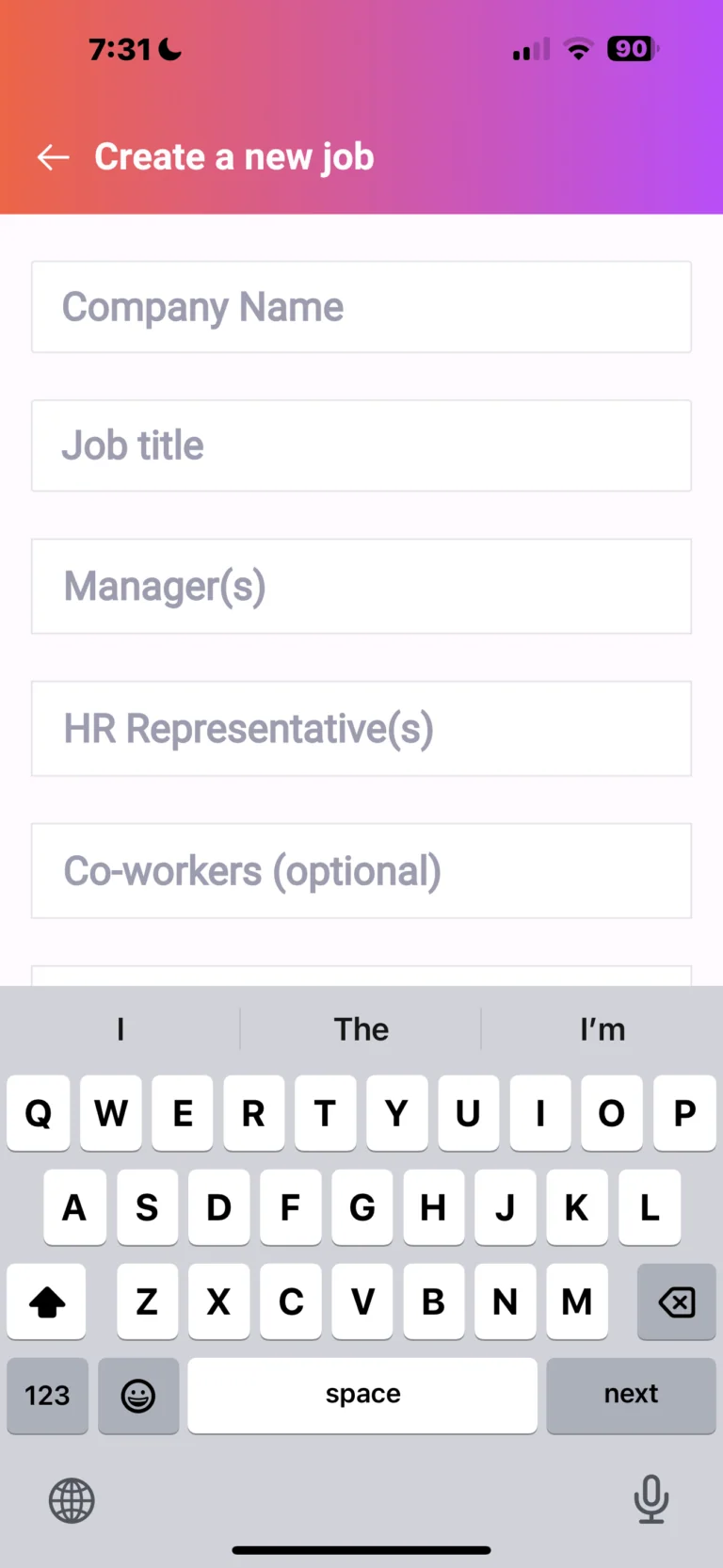 Mobile app screen showing a form to create a new job with fields for company name, job title, manager(s), HR representative(s), and co-workers, with an on-screen keyboard visible